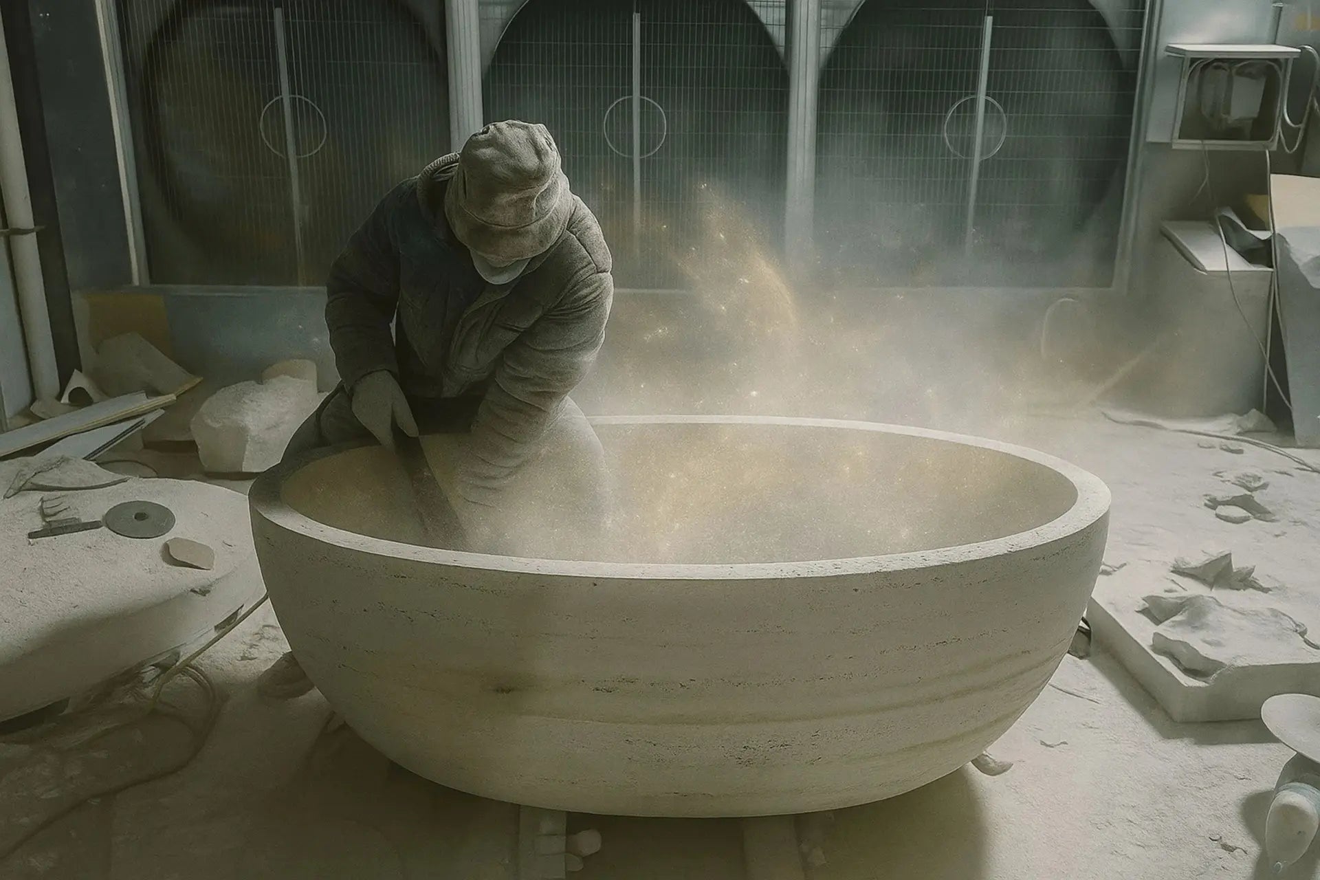 Person working on a large stone bowl in a dusty workshop