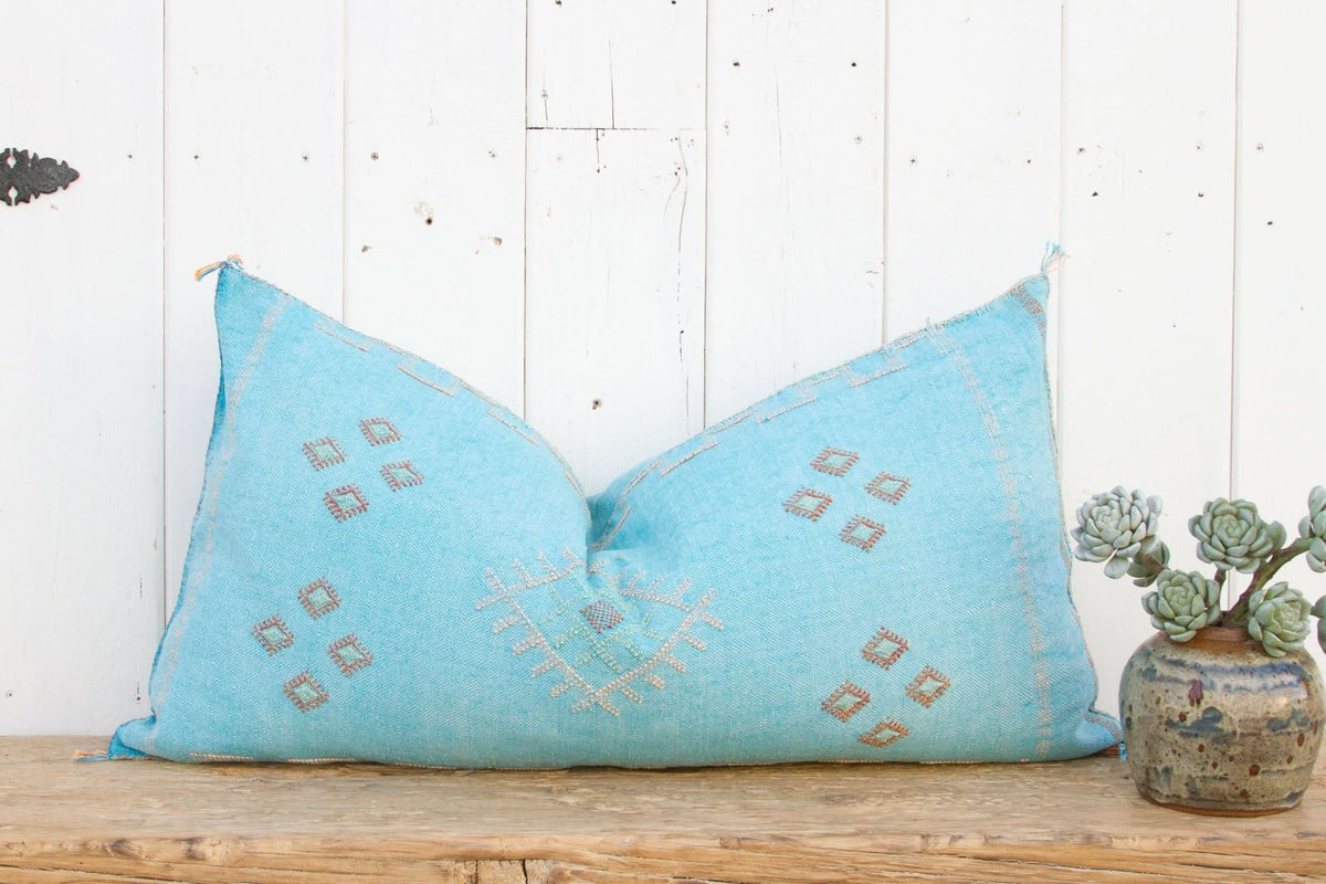 Aqua Long Lumbar Moroccan Silk Rug Pillow - Cultheir